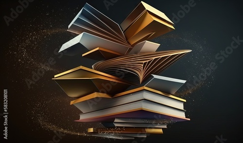  a stack of books flying through the air with dust coming out of it and a star in the sky above it on a black background. generative ai