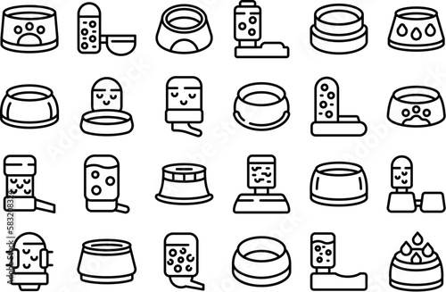 Drinker for dogs icons set outline vector. Dog food. Nature animal