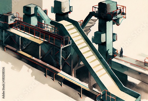 Watercolor Illustration of a A Long Factory Assembling Conveyor Line Can Improve Your Productivity. Generative AI