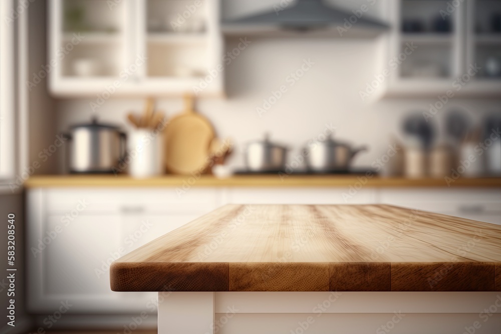 Empty Top of Wooden Table: Minimal Interior With White Blur and Scandinavian Lifestyle. Generative AI