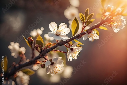 Gentle Sunlight of the Blooming Spring Season: Tree Branch Close-up with Conceptual Background and Copy Space: Generative AI