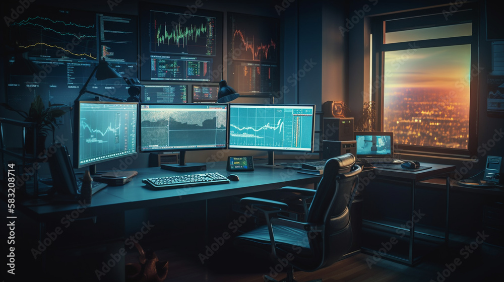 Computer monitor with stock market data on screen.generative ai Computer monitor with stock market data on screen.generative ai