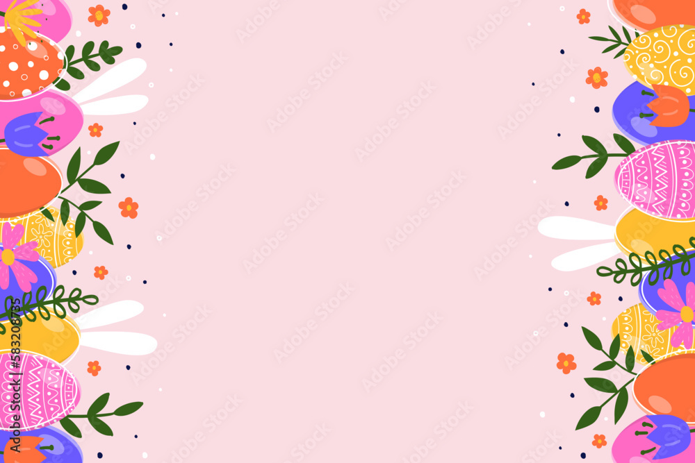 Easter eggs, flowers and bunnies on pink background. Vector illustration