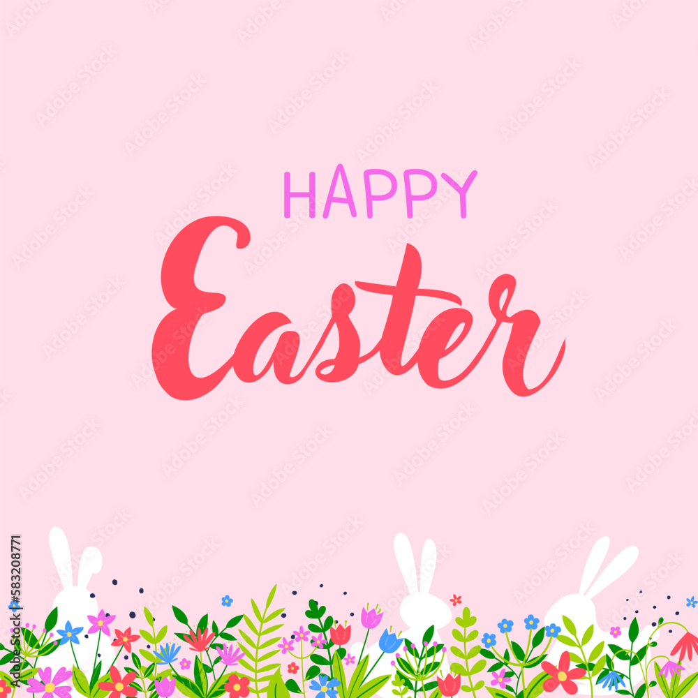 Colourful Easter greeting card with bunnies hidden in flower meadow. Vector illustration Colourful Easter greeting card with bunnies hidden in flower meadow. Vector illustration