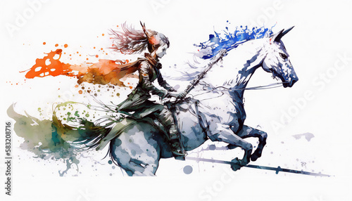 Elf Riding Majestic Unicorn in Enchanted Forest  isolated on white background - watercolor style illustration background by Generative Ai