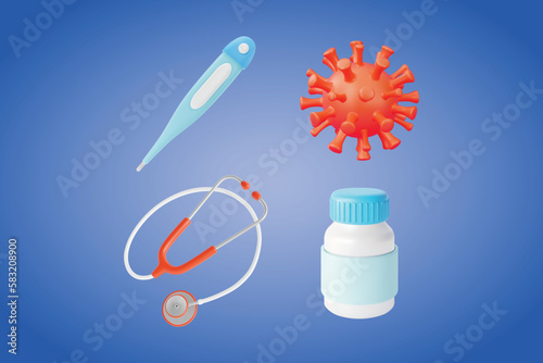 3d Health Care Concept Plasticine Cartoon Style Elements Include of Virus Cell, Plastic Medicine Bottle and Stethoscope. Vector illustration