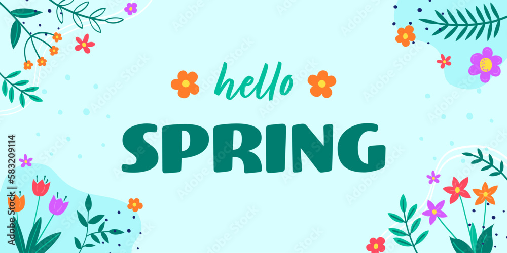 Hello Spring. Spring decoration. Floral background with colourful blooming flower and leaves. Vector illustration Hello Spring. Spring decoration. Floral background with colourful blooming flower and leaves. Vector illustration