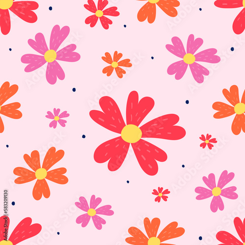 Floral seamless pattern. Spring background with colourful hand drawn flowers. Vector illustration