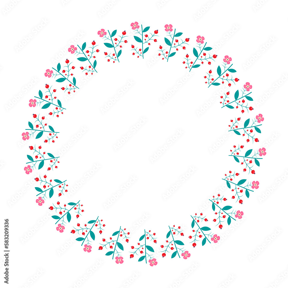 Floral seamless circle frame. Vector wreath. Decorative frame for design print, postcard, brochure, flyer, banner. Wreath with berries and flowers isolated on white background.