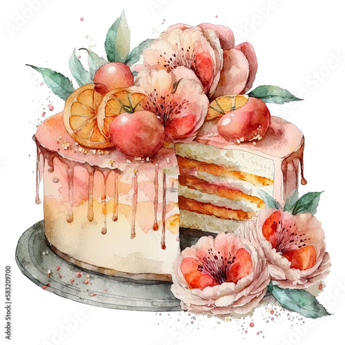 Watercolor Birthday Cake. Illustration AI Generative