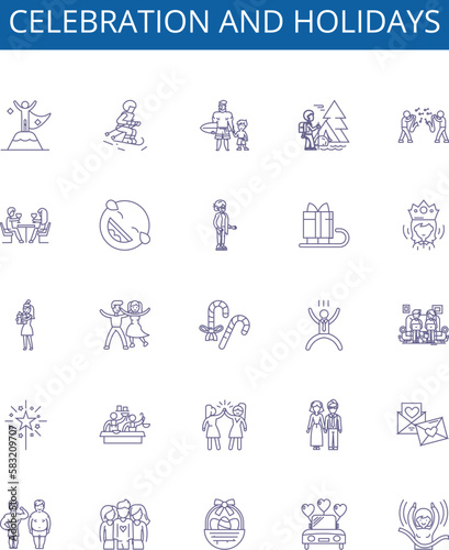 Celebration and holidays line icons signs set. Design collection of Festivals, Celebrations, Holidays, Party, Merriment, Joy, Happiness, Gatherings outline concept vector illustrations