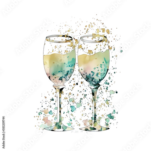 Watercolor Champagne Glasses. Illustration AI Generative.