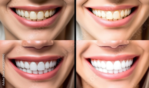 Yellow Teeth before and after whitening. Happy smiling woman. Generation AI