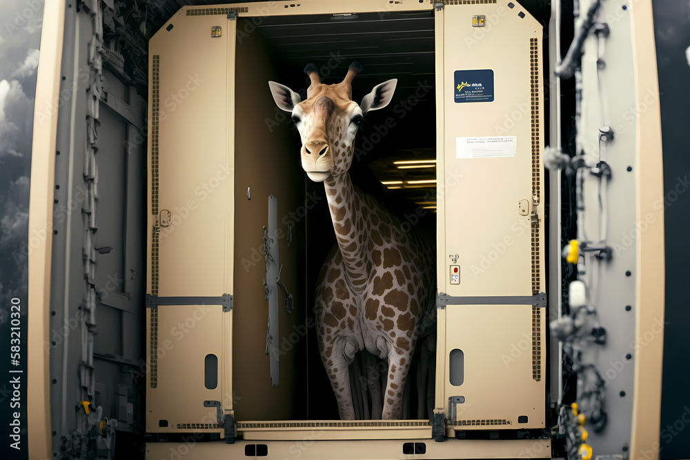 Transportation of an giraffe in cargo hold of airplane to zoo. Concept