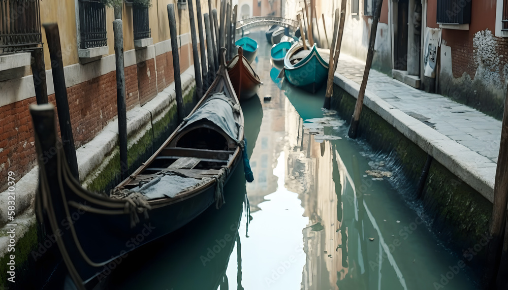 Venice Italy canal with gondolas Dry water, extremely low level sea, drought. Generation AI