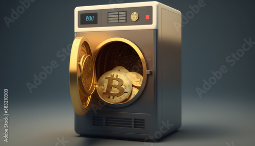 Money Bitcoin Cryptocurrency laundering washing machine, Mining Crime enrichment and profit concept. Generation AI photo