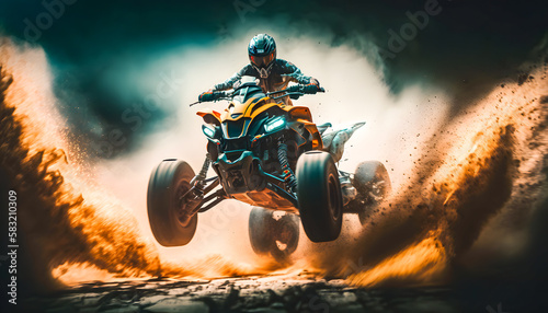 Man jumping atv vehicle on offroad track in touristic tour, extreme sport activities theme. Generation AI © Adin