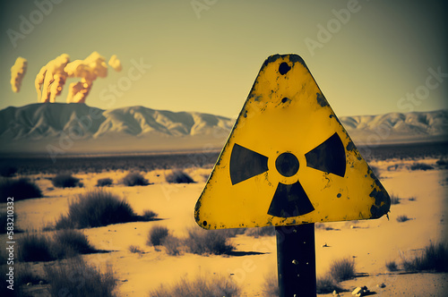 Yellow sign for radiation waste stands. Concept soil of Earth radioactive pollution. Generation AI