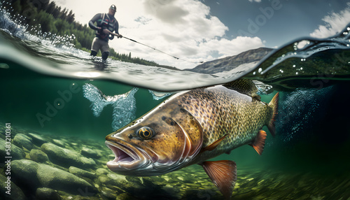 Sport fishing man and Predatory fish salmon trout in habitat under water, action photo. Generation AI photo