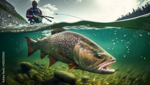 Predatory fish salmon trout under water and fisherman, action photo Sport fishing. Generation AI