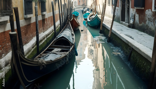 Venice Italy canal with gondolas Dry water, extremely low level sea, drought. Generation AI