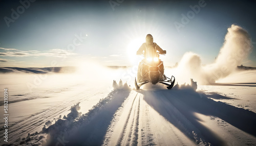 Sport skidoo of Winter Extreme Freeride Snowmobile fresh powder snow with sunlight. Generation AI