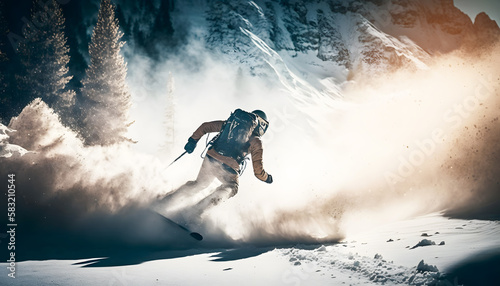 Banner Extreme skiing. Freeride ski in fresh powder snow with sunlight. Winter action photo. Generation AI
