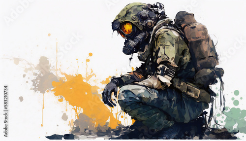 Woman Survivor in Post-Apocalyptic Wasteland in gas mask, Environmental disaster, Armageddon, isolated on white background - watercolor style illustration background by Generative Ai
