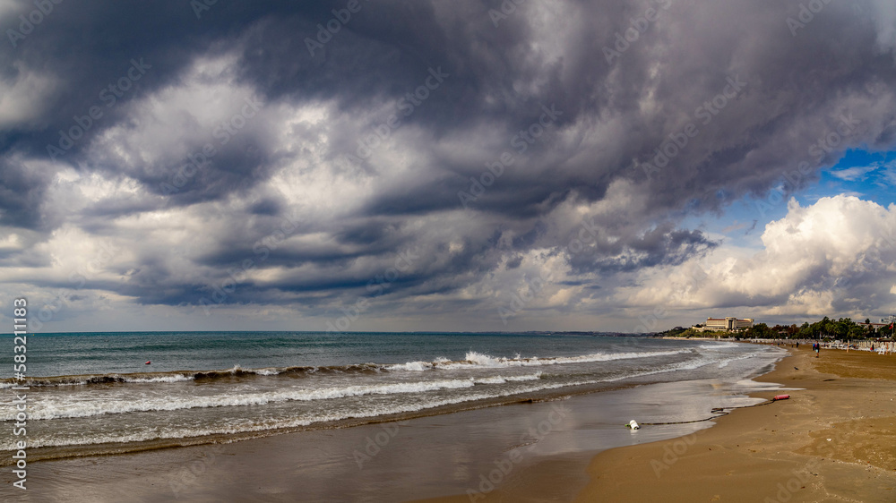Empty beach in November in Side, Turkey, low season Empty beach in November in Side, Turkey, low season