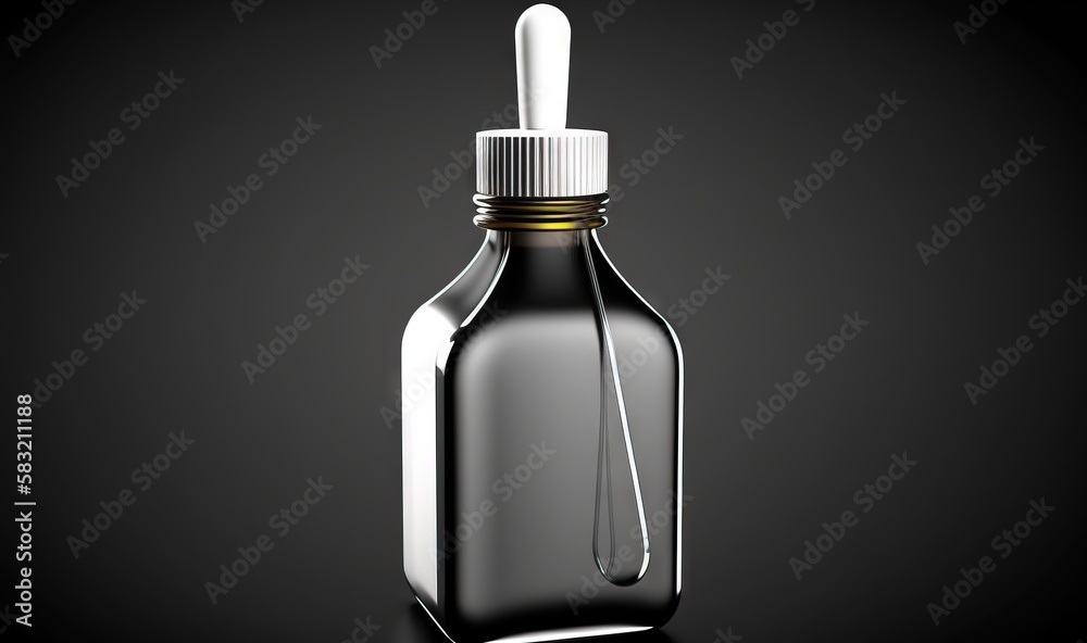  a glass bottle with a dropper and a white cap on a black background with a dropper on the top of the bottle and a white cap on the top.  generative ai