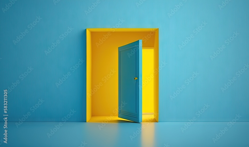 an open door in a blue wall with a yellow shelf in the middle of the room and a blue wall in the background with a yellow door. generative ai an open door in a blue wall with a yellow shelf in the middle of the room and a blue wall in the background with a yellow door. generative ai