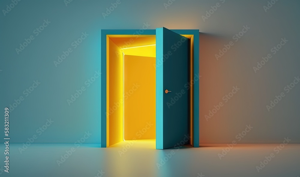 an open door with a bright light coming out of it in a room with a blue wall and a yellow door on the floor with a light coming out of the door. generative ai an open door with a bright light coming out of it in a room with a blue wall and a yellow door on the floor with a light coming out of the door. generative ai