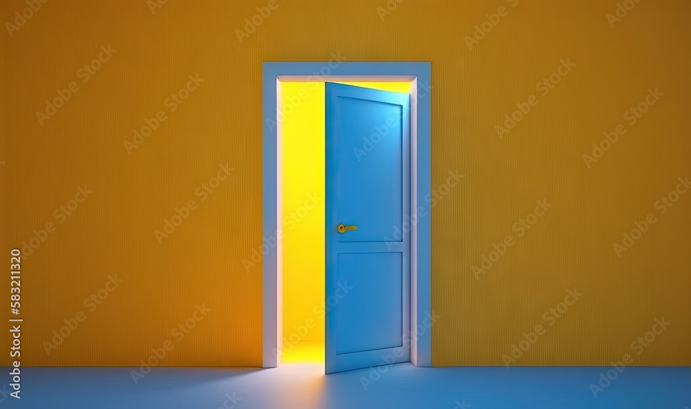 an open door leading to a bright yellow room with a bright blue light coming in from the center of the room and a yellow wall. generative ai an open door leading to a bright yellow room with a bright blue light coming in from the center of the room and a yellow wall. generative ai