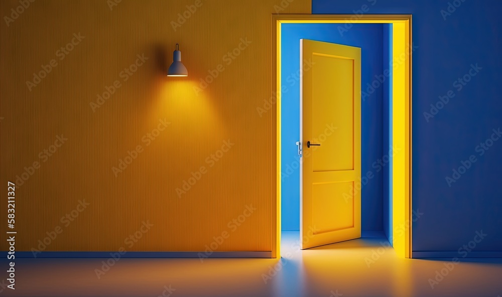  an open door leading to a yellow room with a blue wall and a lamp on the side of the room and a yellow wall with a blue door.  generative ai