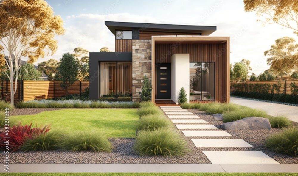 a modern house with a front yard and a walkway leading to the front door of the house and a stone pathway leading to the front door. generative ai a modern house with a front yard and a walkway leading to the front door of the house and a stone pathway leading to the front door. generative ai