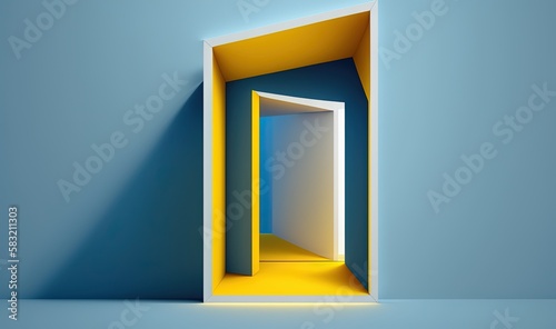  an empty room with a yellow door and a blue wall with a shadow on the floor and a blue wall with a yellow door and a white door.  generative ai