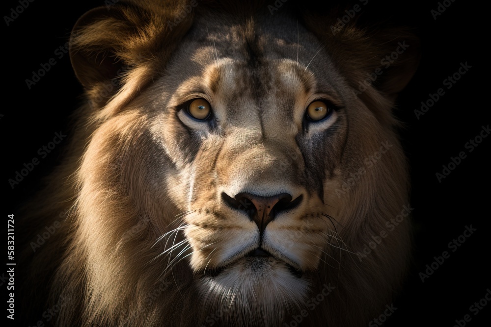 a close up of a lion's face on a black background with a light shining ...