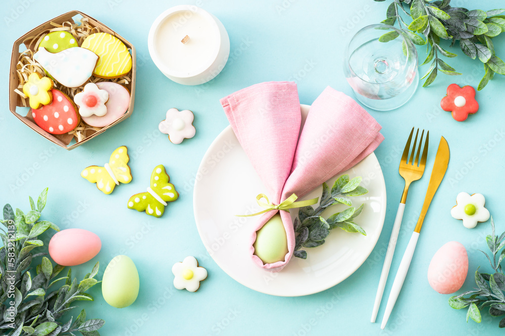 Easter food background. White plate with eggs, spring flowers and easter cookies. Flat lay. Easter food background. White plate with eggs, spring flowers and easter cookies. Flat lay.
