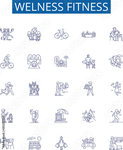 Welness fitness line icons signs set. Design collection of Wellness, Fitness, Exercise, Health, Nutrition, Diet, Strength, Yoga outline concept vector illustrations