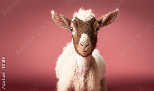  a brown and white goat standing on a pink background with a surprised look on its face and head, with a pink background behind it. generative ai