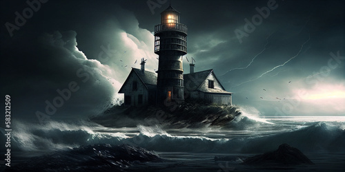 illustration of a haunted lighthouse on an island in a storm