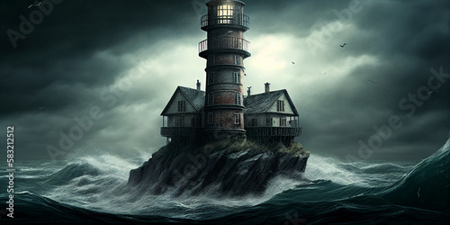 Illustration of a haunted lighthouse with stormy weather