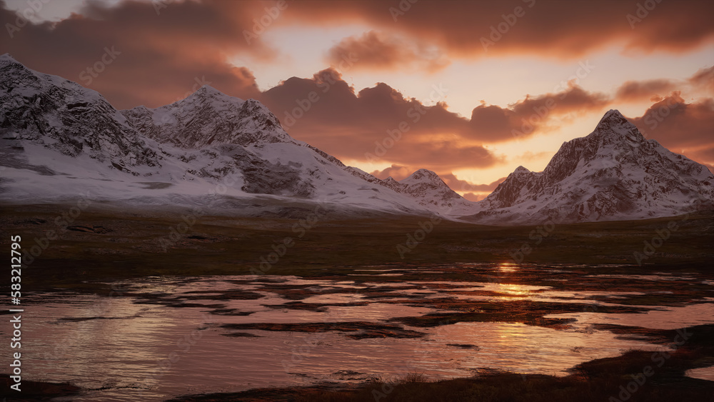 Rocky Mountain Peaks during golden Sunrise sky. 3d Rendering Artwork. Scenic View Background.