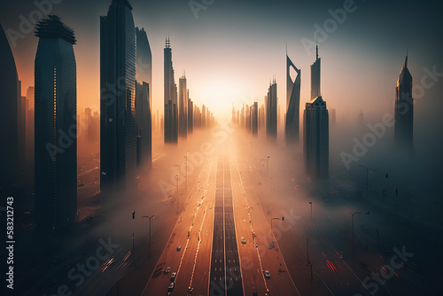 Skyscrapers and deep morning fog  Generative AI