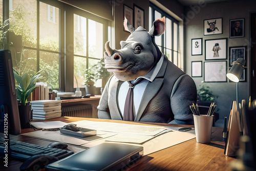 Pixar style illustration of a rhino in a suit sitting at his desk in an office . Great for any office or business looking to make an impression. Generated AI