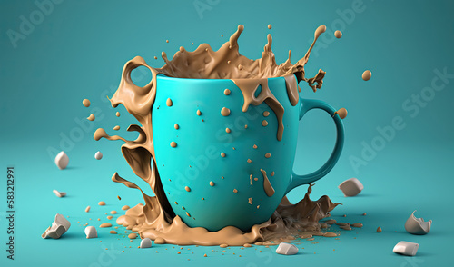  a blue coffee mug with a splash of chocolate on it and the words campbells splashing out of the mug into the air and spilling out of the coffee.  generative ai photo