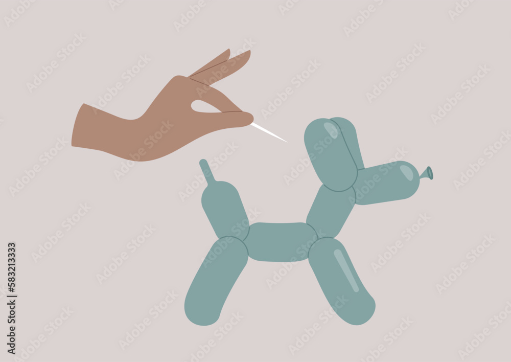 Hand pricking with a needle a green balloon sculpted as a poodle dog shape, toxic relationships concept Hand pricking with a needle a green balloon sculpted as a poodle dog shape, toxic relationships concept