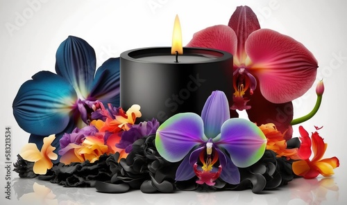  a candle surrounded by flowers and petals on a white background with a reflection of the candle in the middle of the image and a reflection of the flowers. generative ai