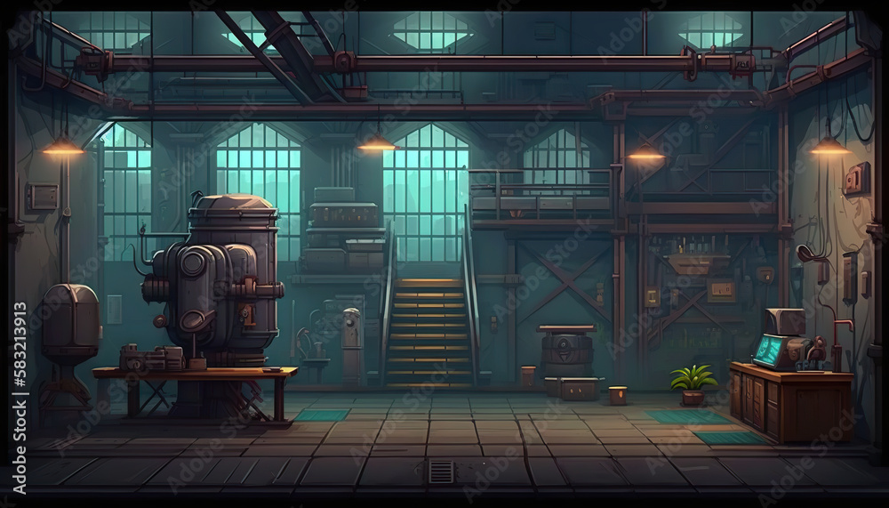 2D room industrial factory background environment for a battle arena mobile game. Industrial factory flat illustration. 2D realistic illustration. Based on Generative AI