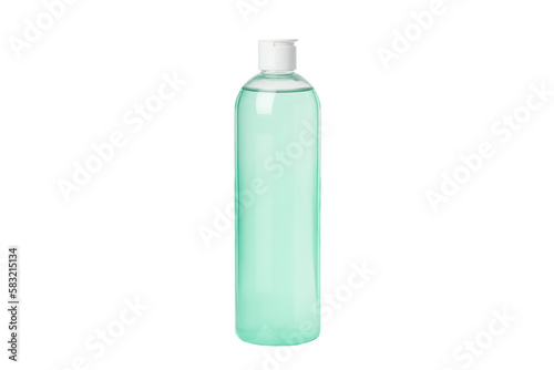 Natural green cosmetic tonic, serum, micellar water isolated on white background. Transparent cosmetic bottles. With dispenser